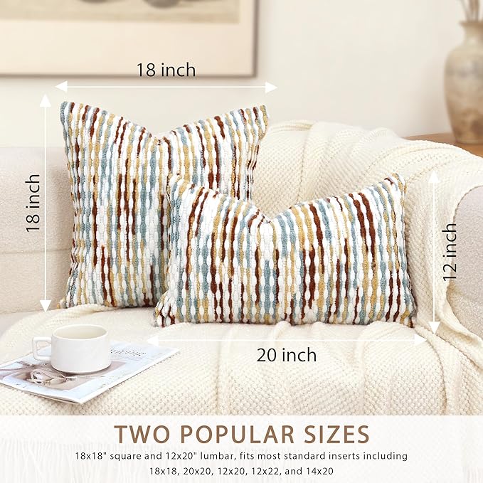 Boho Decorative Throw Pillow Covers 12x20 Inch, Chenille Tufted Pillow Cover Stripe Textured Lumbar Farmhouse Accent Pillowcase for Couch Sofa Bedroom Living Room, Red White Khaki Grey 1 Pack