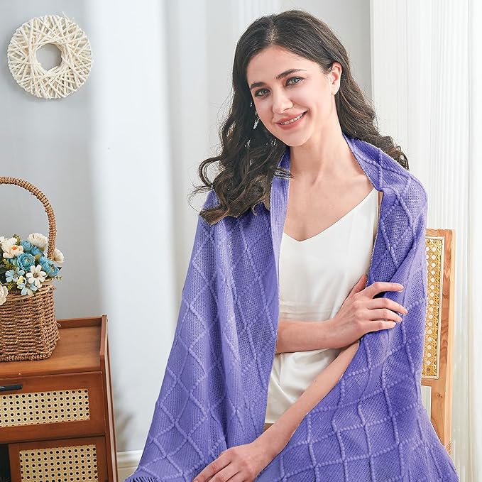 inhand Cornflower Blue Knitted Throw Blanket for Couch Bed, Mothers Day/Mom Birthday Gifts for Mom from Daughter Son, Soft Lightweight with Tassels, Farmhouse Decorative Blanket for Women, 50"x60"