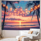 AOHMPT Ocean Sunset Tapestry, Beach Evening Sunset Tapestry, Natural Beach Palm Tree Landscape Poster, Seaside Landscape Wall Hanging for Bedroom, Dorm Room and Living Room Wall Decor 79" L x 59" W