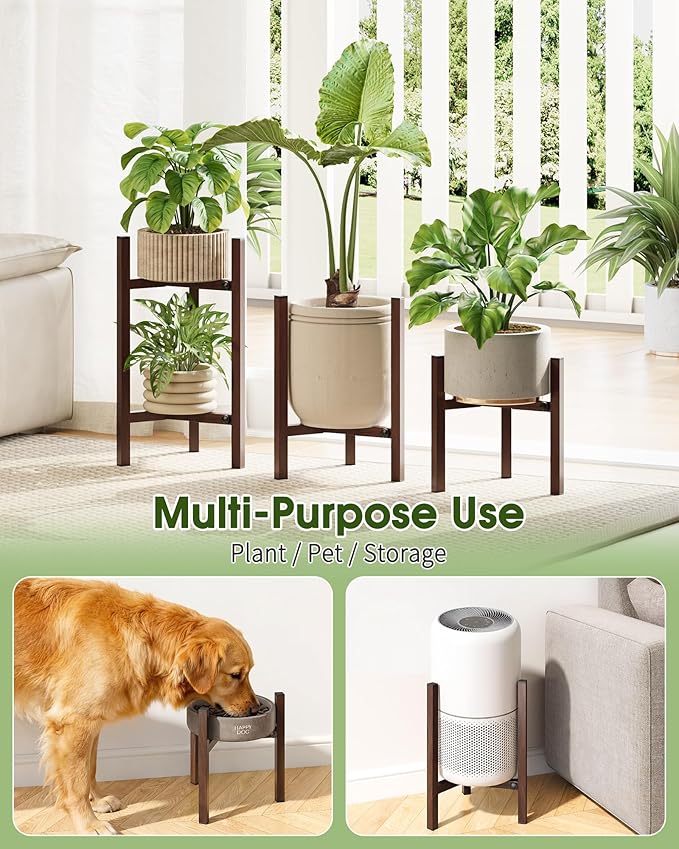 3 Pack Plant Stand Indoor Adjustable, Metal Modern Indoor Plant Stand, Heavy Duty Single Plant Stands Outdoor Corner, Stable Plant Holder Indoor Stand, Fits 8 to 12 Inches Pots, Walnut Wood-Grain