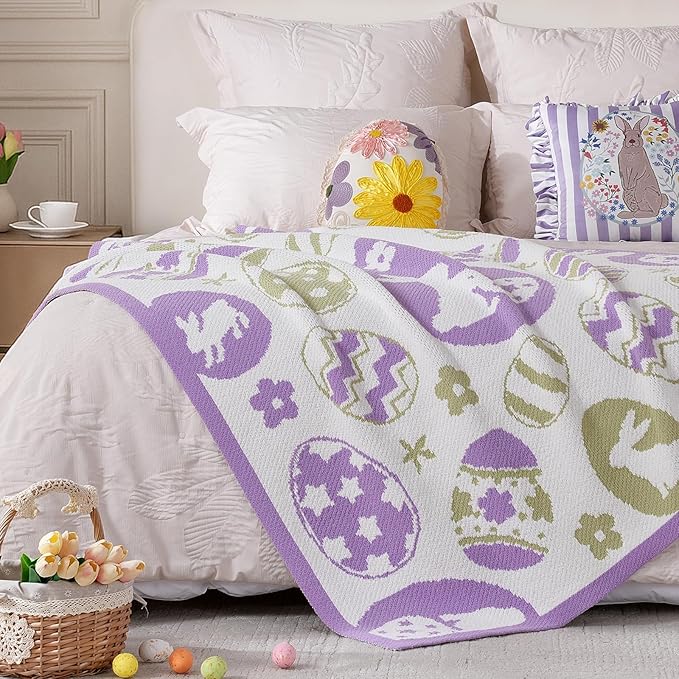 Amélie Home Easter Bunny and Eggs Chenille Knit Throw Blanket for Couch, Cozy Soft Spring Themed Blankets for Sofa, Bed, Gift, 50"x60", Purple/Green