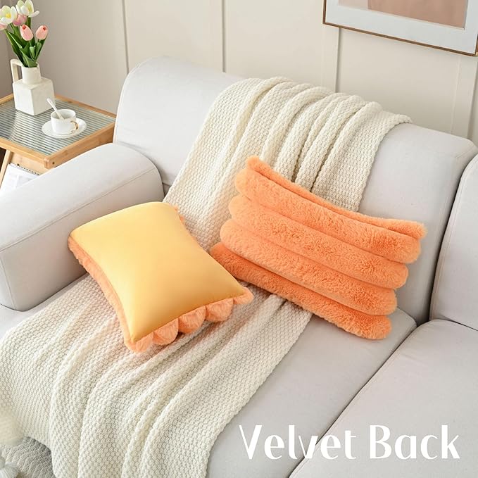 FUTEI Orange Decorative Throw Pillow Covers 12x20 Inch Set of 2, Square Soft Faux Rabbit Fur Thick Striped Lumbar Pillow Case,Spring Home Decor for Couch Bed Living Room