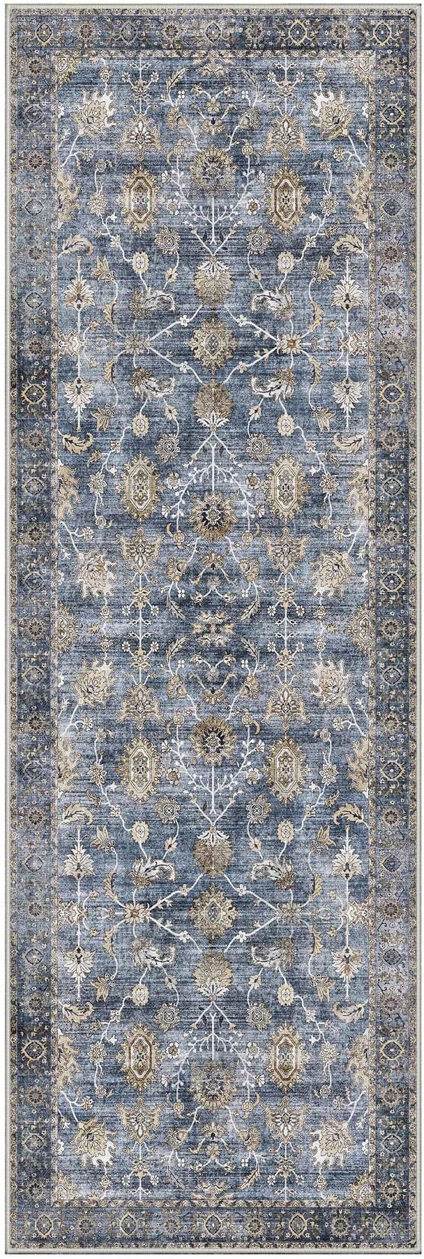 GENIMO Runner Rug 2x6 Non Slip Machine Washable Vintage Hallway Runner Rug, Low Pile Lightweight Rugs for Entryway, Hallway, Kitchen and Corridor, Distressed Blue Taupe