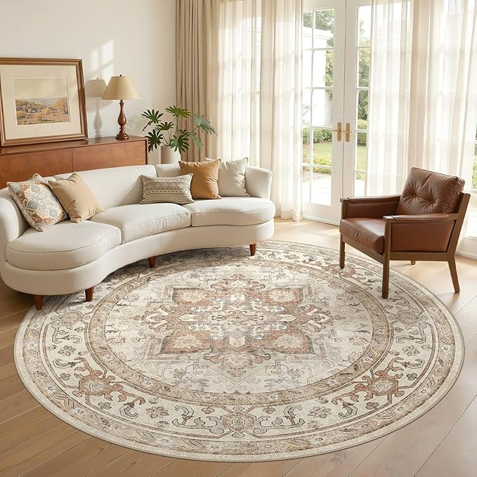 Round Washable Area Rug 8ft, Boho Vintage Distressed Oriental Medallion, Neutral Blue, Thin Carpet for Living Room Bedroom Home Office Decor