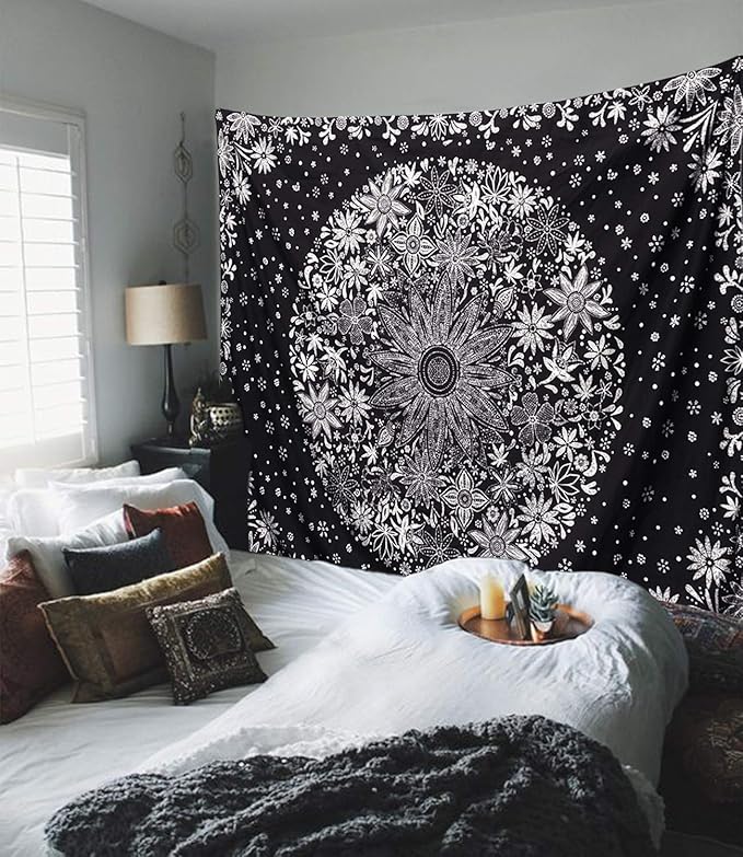 Neasow Bohemian Tapestry Wall Hanging, Black and White Floral Tapestry with Dotted Daisy Medallion Print Bedroom Boho Hippie Home Decor 36×48 inch