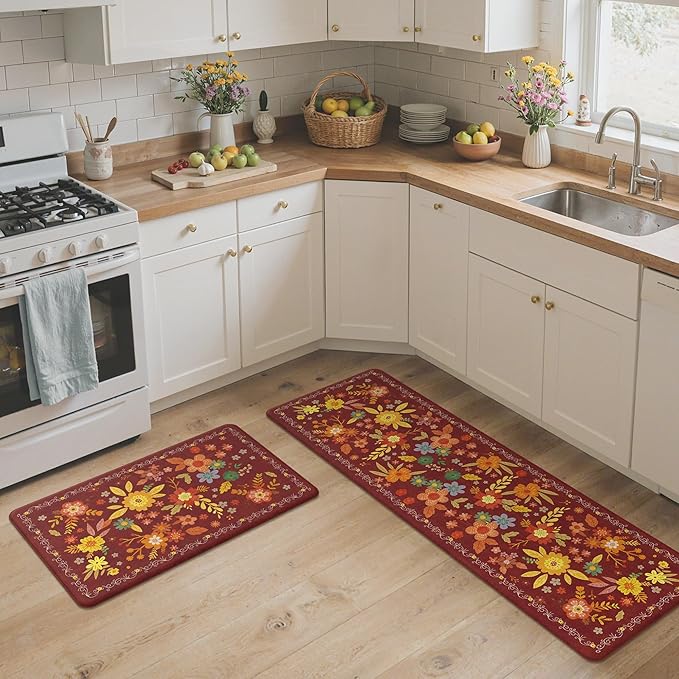 GENIMO Kitchen Mats for Floor 2PCS, Cushioned Kitchen Rugs Non Slip Washable, Farmhouse Anti Fatigue Mat Waterproof, Comfort Standing Mat Rug for Office, Home, Laundry, 17.3"x59"+17.3"x30", Red
