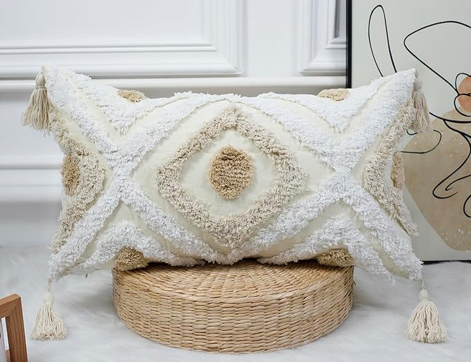 Modern Long Lumbar Throw Pillow Cover 14 x 20,Cotton and Linen Tufted Decorative Boho Long Lumbar Pillow Case for Couch Sofa Bed Farmhouse Chair Outdoor,Khaki&Beige&White