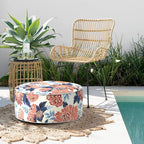Indoor/Outdoor Inflatable Ottoman with Handle, Decorative Fade-Resistant Round Footstool D21 x H9 inch, Portable Ottoman Pouf for Patio Garden Camping, Red Chrysanthemum
