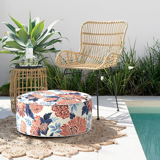 Indoor/Outdoor Inflatable Ottoman with Handle, Decorative Fade-Resistant Round Footstool D21 x H9 inch, Portable Ottoman Pouf for Patio Garden Camping, Red Chrysanthemum