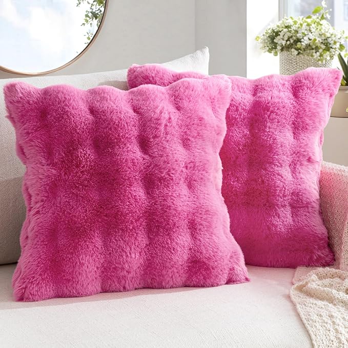 MIULEE Faux Fur Pillow Covers Thick Soft Plush Throw Pillows Luxury Spring Valentines Day Home Decor for Couch Bed Bedroom Living Room Sofa,20x20 Inch Pack of 2 Hot Pink