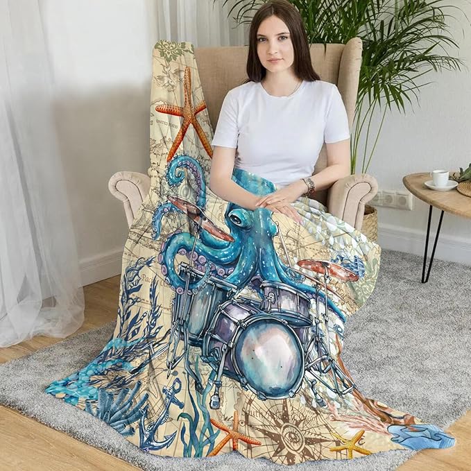 Octopus Throw Blanket, Vintage Soft Cozy and Warm Couch Blankets Gift for Octopus Lover, Decorative Blankets for Sofa Couch Bed, Blue Beige 50×60 inches