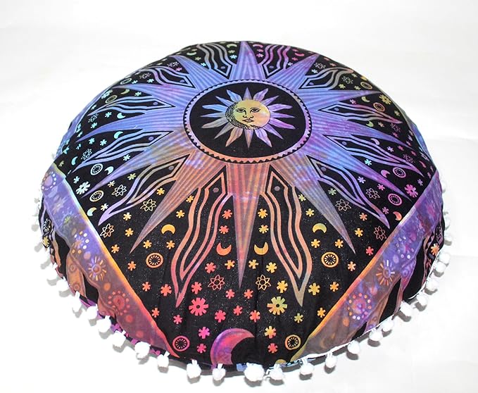 CRAFT KALA 22" Bohemian Floor Pillow Pouf Cover Mandala Boho Large Round Meditation Room Pillow Covers for Adults Seating Poufs Cushion Cover for Kids Playroom Multi Purple Burning Sun