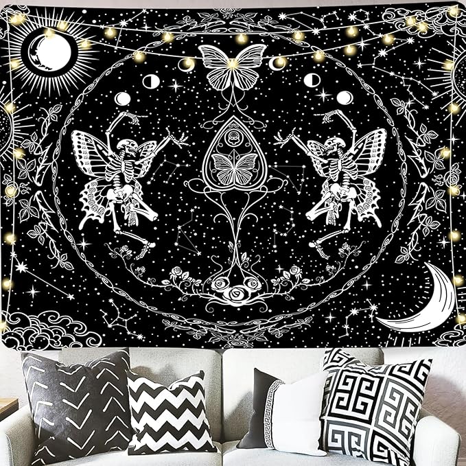 KJHL Skull Tapestry Black and White Skeleton Lovers Tapestries Aesthetic Large Gothic Butterfly Wall Hanging for Bedroom Living Room 59ʺ x 79ʺ