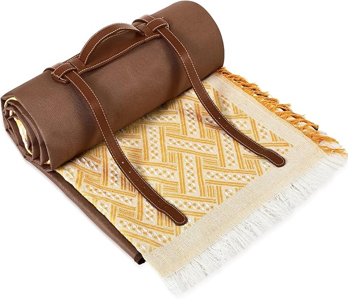 VitalCozy Waterproof Picnic Blankets 71×71 inch Outdoor Blanket Foldable 2 in 1 Double Layer Sandproof Beach Mat with Carry Strap for Camping Lawn Park Beach Grass(Yellow)