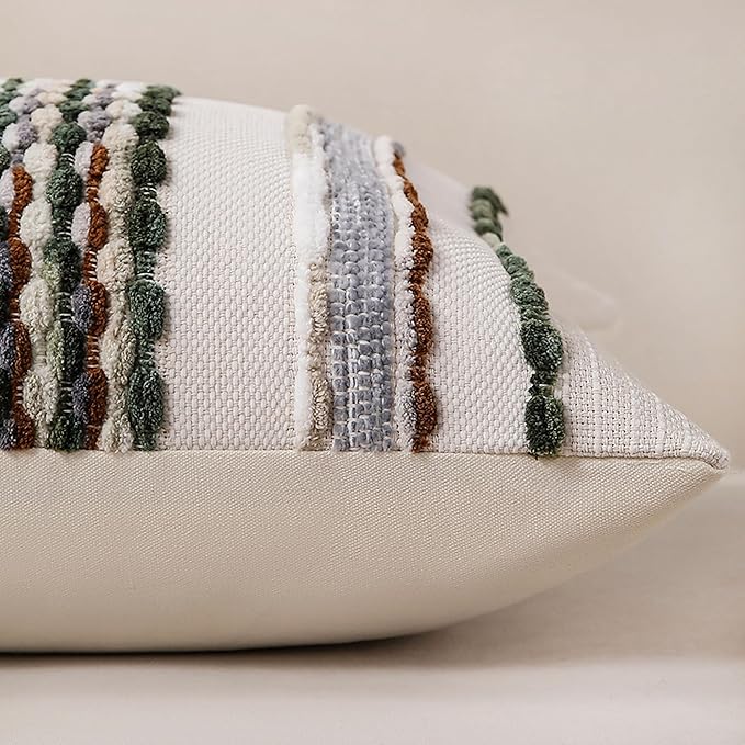 Boho Striped Throw Pillow Covers 18x18 Inch Set of 2 Farmhouse Square Decorative Pillow Covers Chenille Tufted Accent Neutral Pillowcase Green Cushion Cover for Living Room Couch Sofa Bed