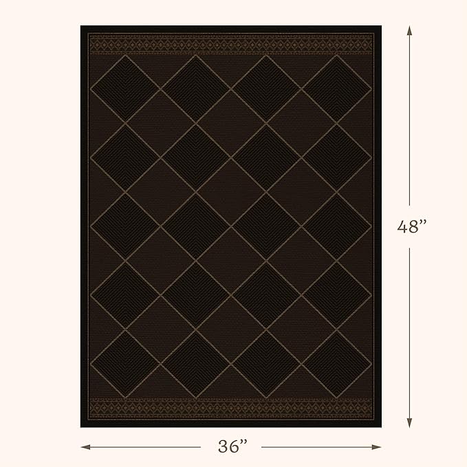 Outdoor Indoor Checkered Entryway Rug 3x4, Washable Durable Non-Slip Low Pile Boho Easy Jute Rug for Porch, Kitchen, Patio & Backyard, Modern Dark Brown Diamond Geometric Pattern Stain Resistant