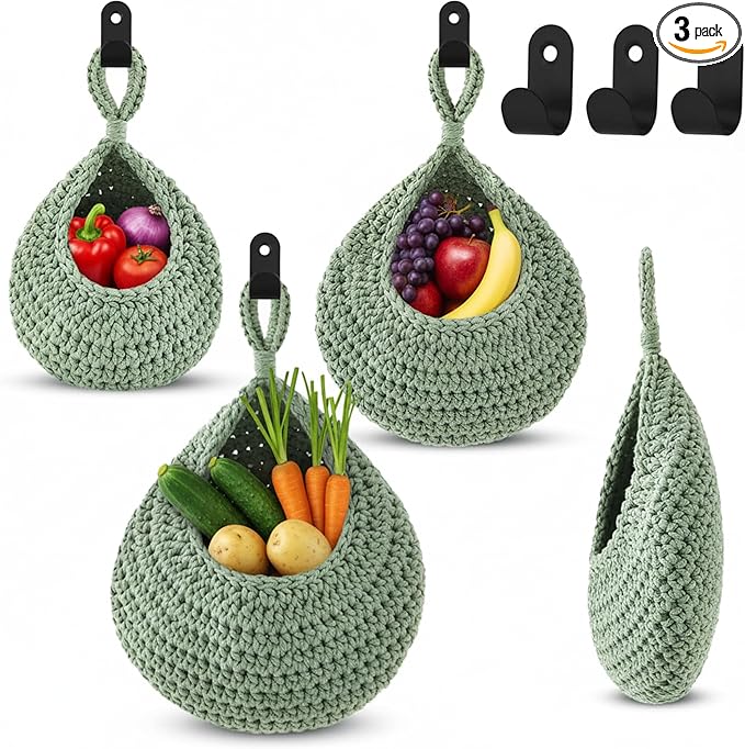 Honeydak Boho Decor Hanging Wall Baskets for Kitchen 3 Pack Teardrop Baskets with Hooks Storage Fruit Onion Vegetable Potato for Home 3 Sizes