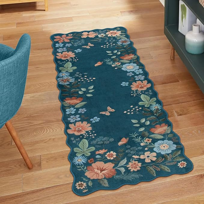 Lahome Floral Rugs for Entryway, 2x4 Washable Kitchen Rugs Ultra-Thin, Non Slip Indoor Door Mat Stain Resistant Boho Small Low-Pile Throw Carpet for Bathroom Bedroom Flore (2x4ft,Navy Blue)