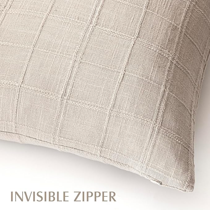 Foindtower Set of 2 Decorative Linen Check Throw Pillow Covers Neutral Farmhouse Vintage Cushion Covers Modern Boho Home Decor for Sofa Chair Couch Bedroom Living Room,26×26 Inch,Natural Linen
