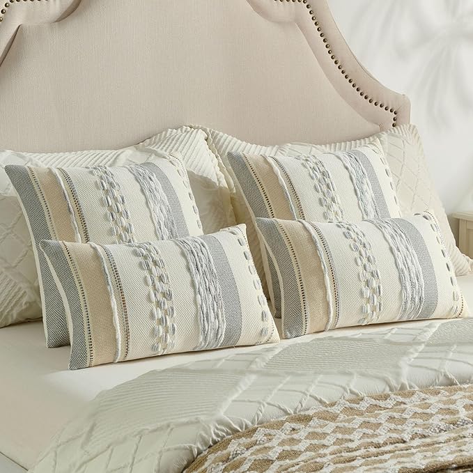 FUTEI Grey Blue White Decorative Throw Pillow Covers 20x20 Inch Set of 2, Soft Tufted Striped Textured Accent Cushion Case,Boho Pillows for Couch Decor