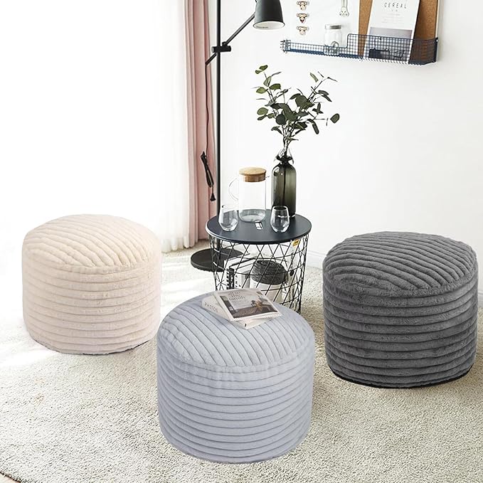 Round Stuffed Pouf Ottoman Foot Rest for Couch Round Ottoman with Foam Chunk Filling Stripe Faux Fur Ottomans for Living Room Floor (26"x18",Dark Grey)
