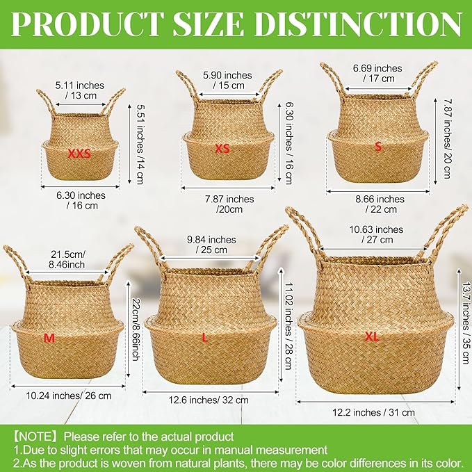 Qunclay 4 Pcs Woven Seagrass Baskets Belly Basket Folding Boho Natural Plant Pot with Handles Round Decorative Wicker Large Indoor Planter for Home Outdoor Tree Planters Decor (Xs,7.9''dx6.3''h)