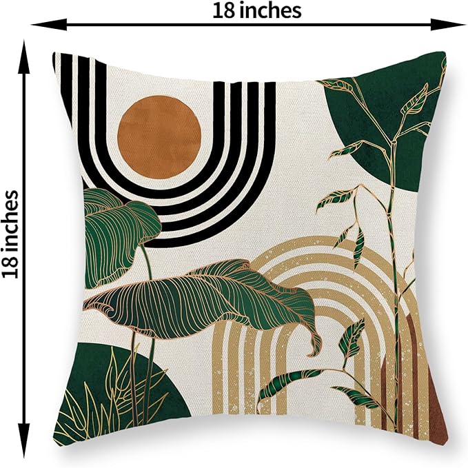 Boho Green Pillow Covers 18x18 Set of 2 Green Gold Leaf Tropical Mid Century Throw Pillows Outdoor Bohemian Modern Decorative Pillowcase Farmhouse Linen Cushion Case for Couch Sofa Decor