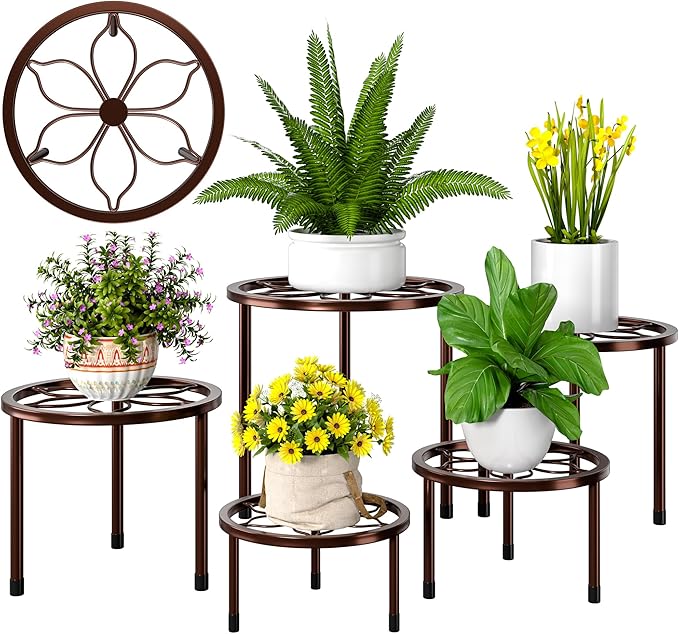 VECELO Metal Plant Stands Set of 5, Multiple Heavy Duty Flower Pot Stand, Round Plant Holder, Brown