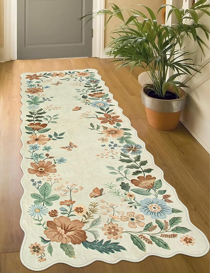 Lahome Floral Kitchen Runner Rug, 2X6 Rug Runners for Hallways Non Slip Ultra-Thin Soft, Non Slip Washable Runner Low-Pile Stain Resistant Boho Carpet for Bedroom Flore (2x6ft,Beige)