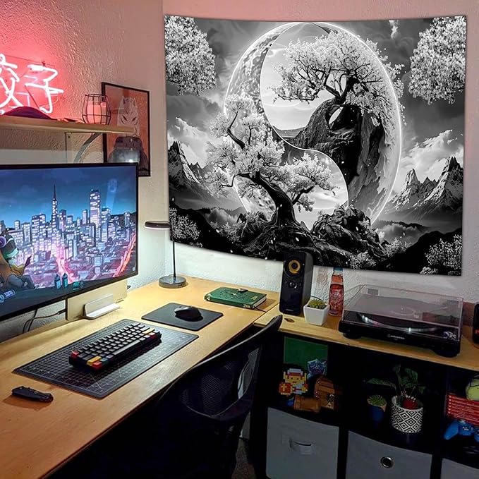 Tree Life Tapestry Aesthetic, Flowers Sun and Moon Art Tapestry Wall Hanging for Girls Bedroom, Cool Nature Galaxy Yin Yang Anime Tapestries Poster of Dorm Home Decor 40X30 Inches, Black and White