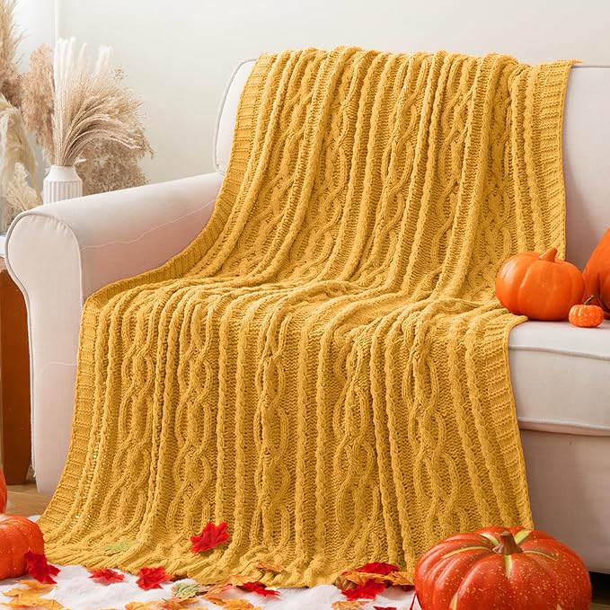 Battilo Mustard Yellow Throw Blanket 51"x67" Chenille Knitted Throw Blanket for Couch, Gold Throw Blankets for Home Decor, Summer Fall Decor Blanket