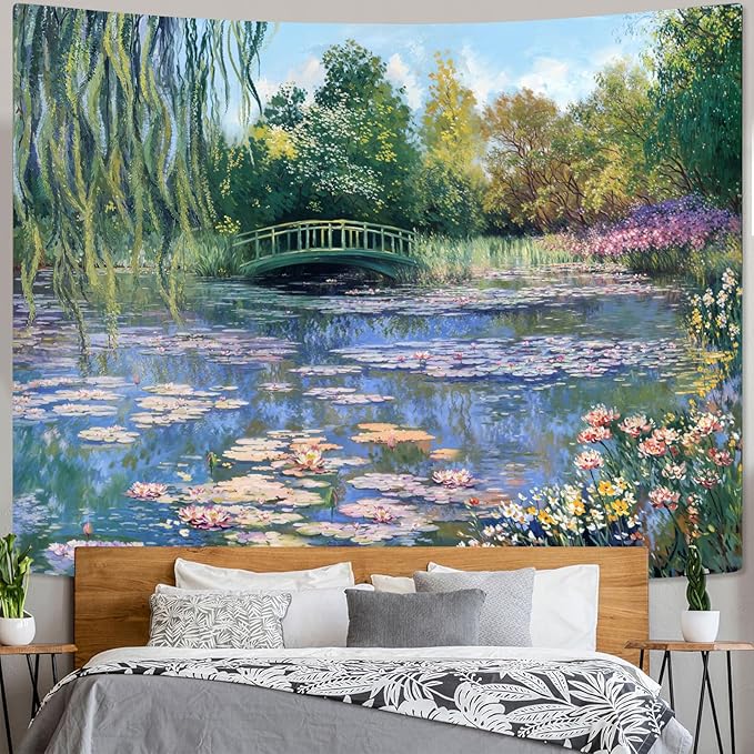 Accnicc Monet Water Lilies Tapestry Extra Large Green Floral Plant Tapestries Aesthetic Monet Wall Art Posters Nature Flower Garden Landscape Tapestrys for Bedroom Living Room Dorm 90 x 68 Inch