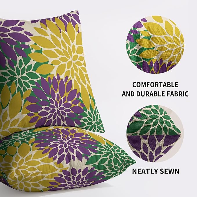 Purple Yellow Green Pillow Covers 22X22 Inch Set of 2, Modern Dahlia Floral Print Decorative Throw Pillow Covers Outdoor Farmhouse Cushion Case for Home Couch Sofa Bed Decoration
