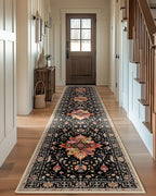 Area Rugs 2'x10' Runner Rug Non Slip Washable for Kitchen Hallway Bedroom Beside Laundry Room Bathroom Rug, Floor Carpet, Black Colorful Floral Dark Tan
