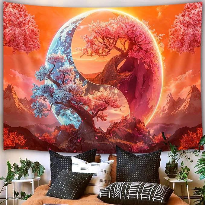 JAWO Tree Life Tapestry Aesthetic, Colorful Pink Flowers Sun and Moon Anime Tapestry for Bedroom, Cool Nature Galaxy Yin Yang Anime Tapestries Poster of Dorm Home Decor 71X60 Inches, Orange