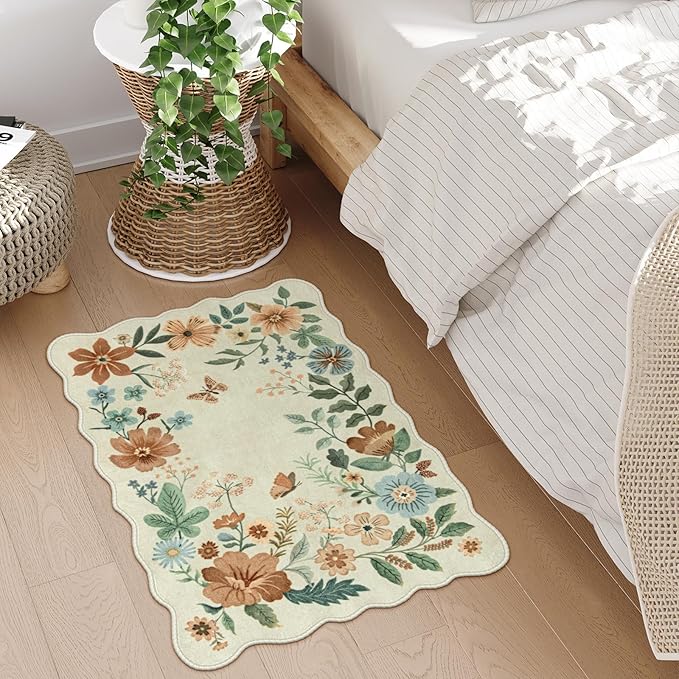 Lahome Floral Small Rug, 2X3 Kitchen Rugs Non Slip Washable Rug Ultra-Thin, Soft Front Door Mat Indoor Entrance Stain Resistant Boho Low-Pile Entry Carpet for Bathroom Bedroom Flore (2x3ft,Beige)
