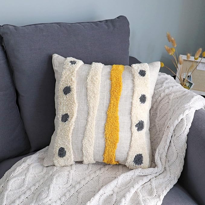 Boho Tufted Throw Pillow Cover with Handwoven Stripes, Linen Cotton Simple Decorative Cushion Case for Couch Sofa, 18x18 inches, 1 PC(Mustard Yellow)