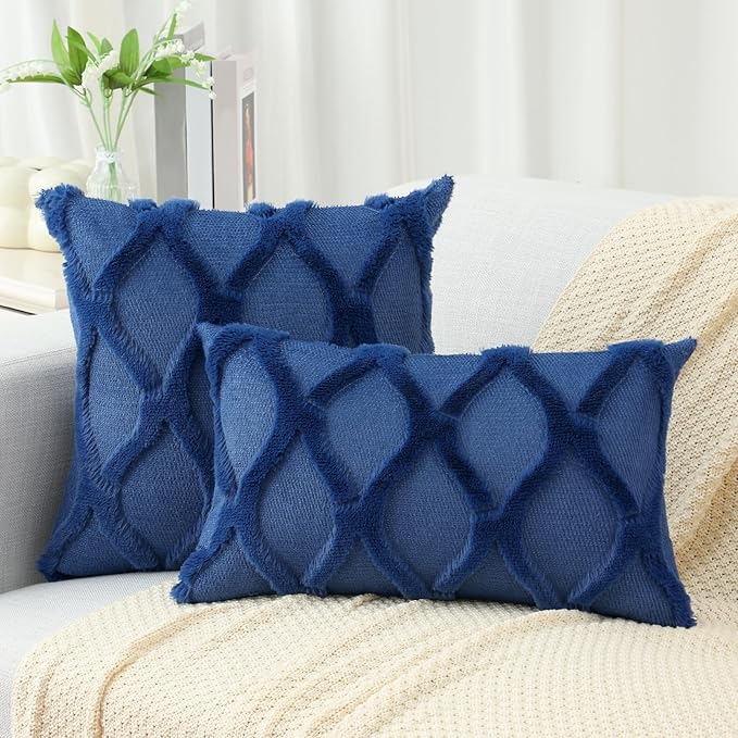 decorUhome Spring Euro Sham Throw Pillow Covers 22x22 Inch Set of 2, Soft Plush Faux Fur Wool Dark Blue Accent Couch Pillow Covers for Modern Farmhouse Bed Sofa Living Room