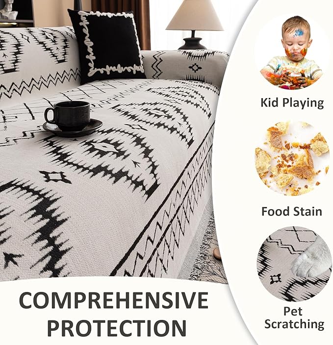 VClife Boho Aztec Couch Cover Retro Couch Cover for 3 Cushion Couch Sofa, Western White Slipcover Cover with Black Tribal Pattern, Soft Thick Chenille Furniture Sofa Covers wit Tassel, White, 71"X134"