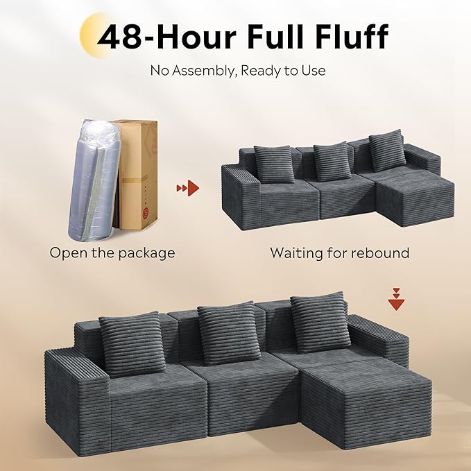WLIVE 110'' Cloud Sectional Couches for Living Room, Modular Boneless Couch with Right Facing Chaise, L Shape Memory Foam Corduroy, with Ottoman, Grey