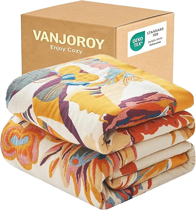 Boho Throw Blanket, 100% Organic Cotton Ultra Soft 50" x 60" Throw for Couch and Bed - Skin-Friendly Embroidery Cozy All Season Rustic Floral Decor Chair Blanket -Beige