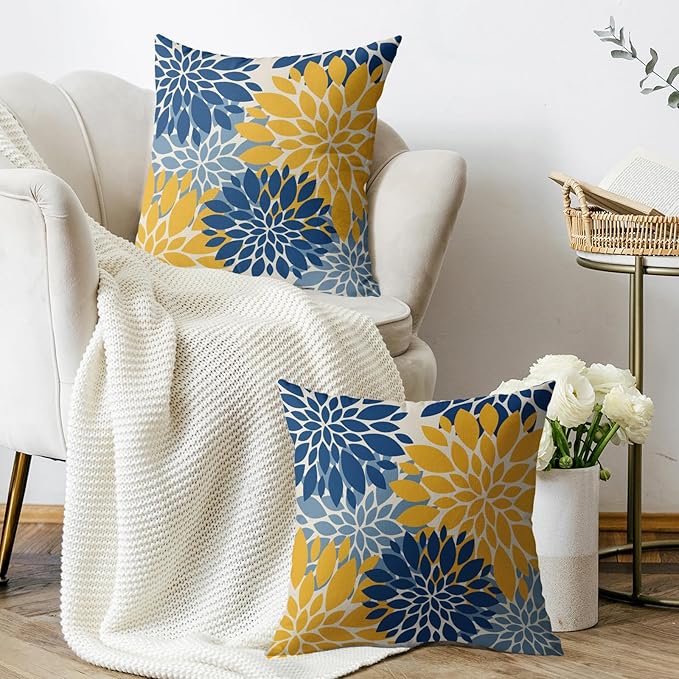 Blue Yellow Pillow Covers 18X18 Inch Set of 2, Dahlia Flower Spring Summer Floral Cream Decorative Throw Pillow Covers Outdoor Modern Farmhouse Cushion Case for Home Couch Sofa Bed Decor