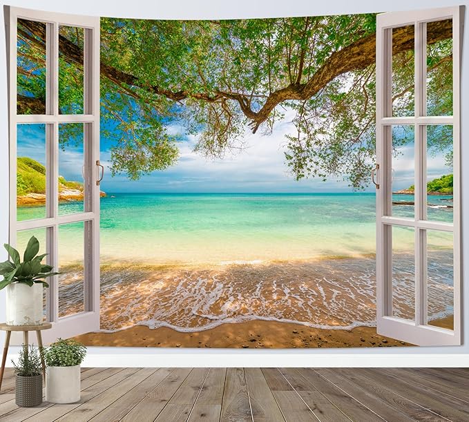 EOBTAIN Summer Beach Tapestry Wall Hanging Coastal Beachy Landscape outside the Window Wall Tapestry for Bedroom Ocean Scenery Tapestries for Living Room Dorm Home Decor,80x60 Inch