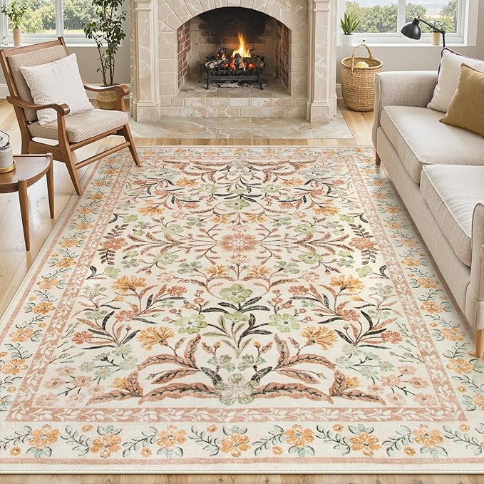 Lahome Sylvie Fall Floral Washable Area Rugs 8x10, Boho Living Room Large Rugs Non-Slip for Bedroom, Soft Rubber Backed Burnt Orange Carpet for Dining Playroom Decor, Ochre Fall