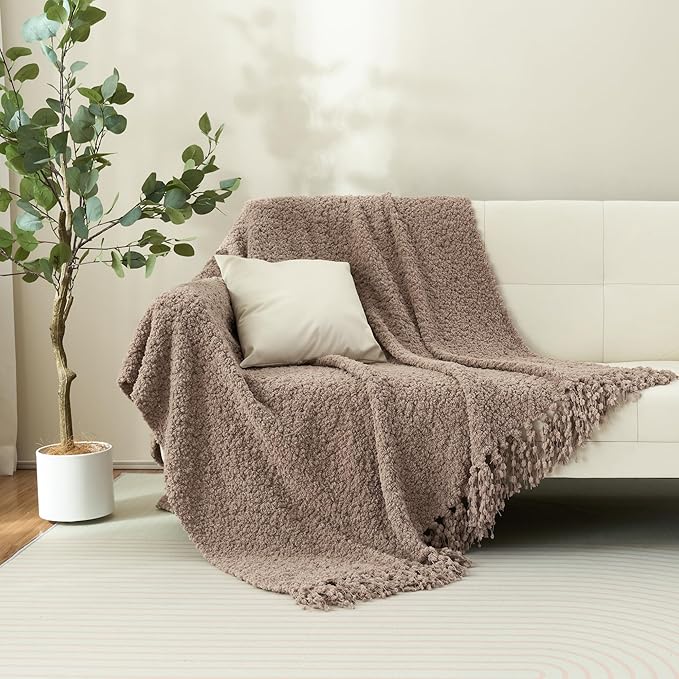 Throw Blanket for Couch, Taupe Tan Luxury Knitted Throws 50"x60", Textured Blankets with Handmade Fringe Tassels for Bed Sofa Decorative, Chunky Soft Farmhouse Boho Home Decor