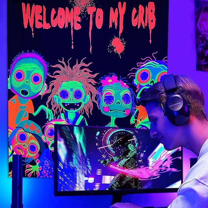 Horror Tapestry Blacklight Tapestry for Bedroom Zombie Crowd Around Tapestries UV Reactive Poster Glow in the Dark Walker Undead Ghoul Tapestries Wall Hanging Halloween Decor Scary Room Decor 90"x71"