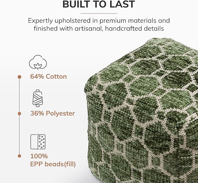 Anji Mountain Pouf Ottoman Foot Rest, Handmade Ottoman Pouf, Comfortable Foot Stool, Decorative Floor Seating for Living Room Decor, Bedroom & Home Décor Accent - Green