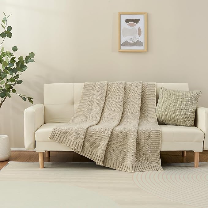 Knitted Throw Blanket 50"X60", Light Beige Knit Throws for Bed, Super Soft Boho Chevron Blankets for Couch Sofa Chair Room Decor, Textured Decorative Farmhouse Cozy Lightweight