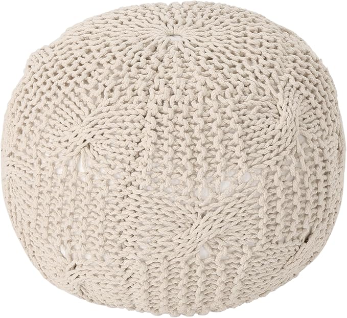 Round Pouf Ottoman, 18" Bordeaux Knitted Cotton Woven Round Pouf, Handmade Woven Bean Bag for Living Room, Floor Bag for Bedrooms, Home, Offices, Sofa Footrest (Beige - 2)
