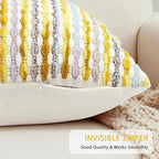 Boho Decorative Throw Pillow Covers 18x18 Inch, Chenille Tufted Pillow Cover Striped Textured Square Farmhouse Accent Pillowcase for Couch Sofa Bedroom Living Room, Yellow White Stripe 1 Pack